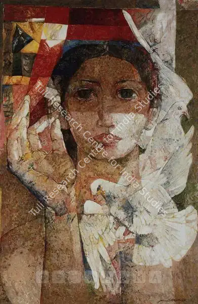 Jamil Naqsh (Artist), Untitled (Woman With Doves), 1988, Painting