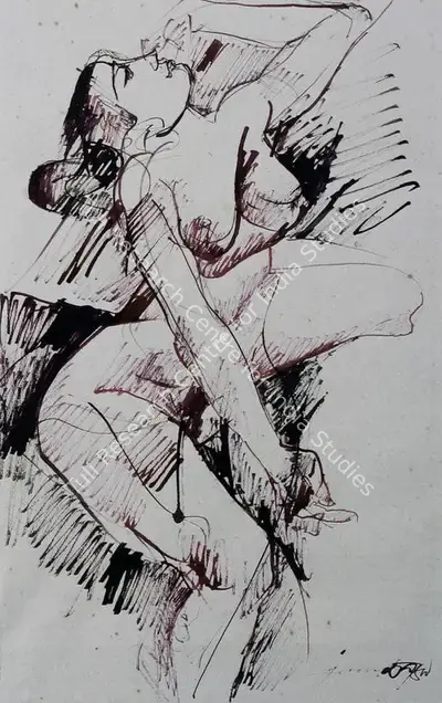Jamil Naqsh (Artist), Female Nude in Dance Pose, Painting