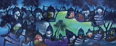 Manu Parekh (Artist), Banaras in Blue, 2006, Painting