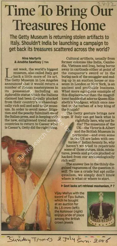 Nina Martyris (Reporter), Time To Bring Our Treasures Home, 2006, Newspaper Clipping