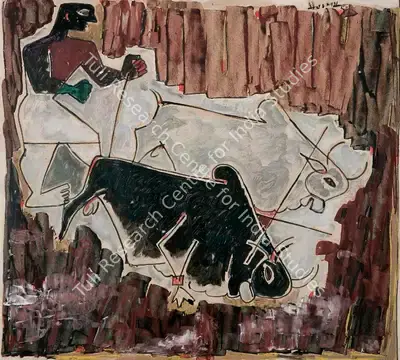M.F. Husain (Artist), Untitled (Farmer and Bulls), 1950, Painting