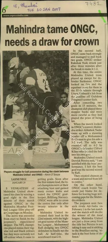 Laxmi Negi (Reporter), Manhindra tame ONGC, needs a draw for crown, 2007, Newspaper Clipping