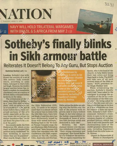 Rashmee Roshan Lall (Reporter), Sotheby's finally Blinks in Sikh Armour Battle, 2008, Newspaper Clipping