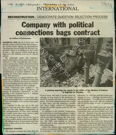 Sridhar Krishnaswami (Reporter), Company with Political Connections Bags Contract, 2003, Newspaper Clipping