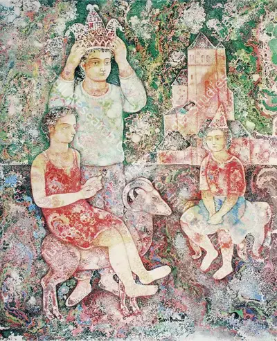 Sakti Burman (Artist), In Front of the Church, 2002, Painting