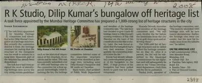 Sudhir Suryawanshi (Reporter), R K Srudio, Dilip Kumar's Bungalow Off Heritage List, 2008, Newspaper Clipping
