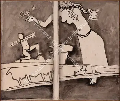 M.F. Husain (Artist), Untitled (Woman and Bull Rider), 1970, Painting
