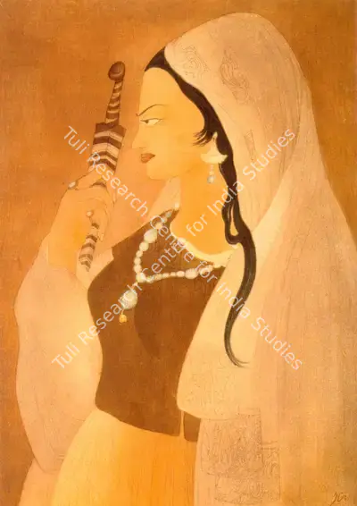 M.A.R. Chughtai (Artist), Lady With Umbrella, Painting