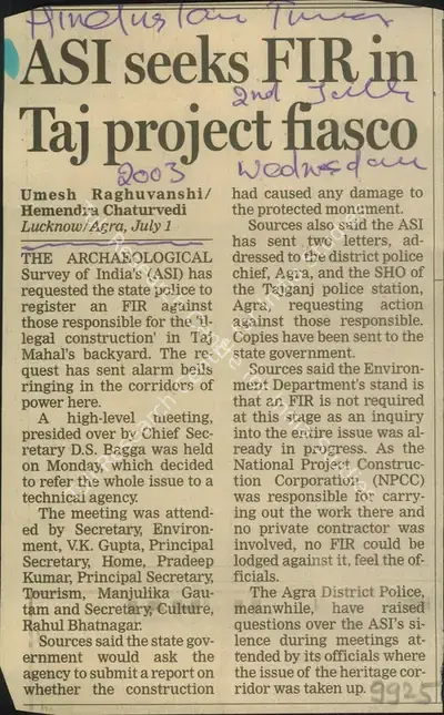 Umesh Raghuvanshi (Writer), ASI Seeks FIR in Taj Project Fiasco, 2003, Newspaper Clipping