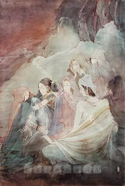 Ramgopal Vijaiwargiya (Artist), Women With A Holyman On A Mountainside By Night, 1935, Painting