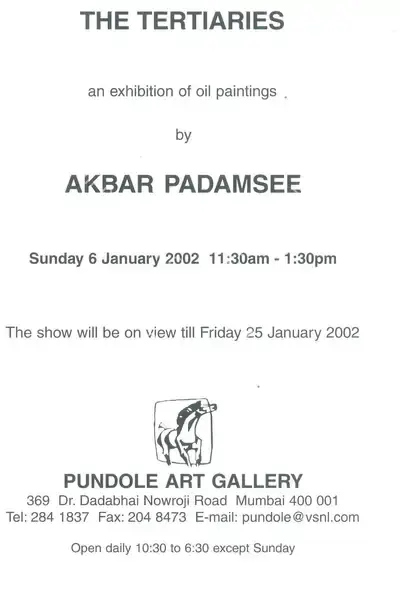 Akbar Padamsee (Artist), Tertiaries, 2002, Solo Exhibition Invitation