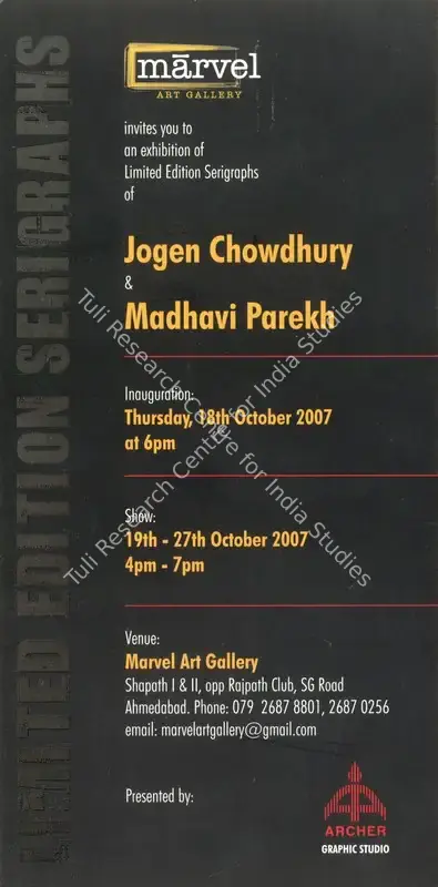 Marvel Art Gallery (Organiser), An Exhibition of Limited Edition Serigraphs of Jogen Chowdhury and Madhavi Parekh, 2007, Group Exhibition Invitation