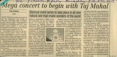 Vijay Upadhyay (Reporter), Mega Concert to begin with Taj Mahal, 2005, Newspaper Clipping