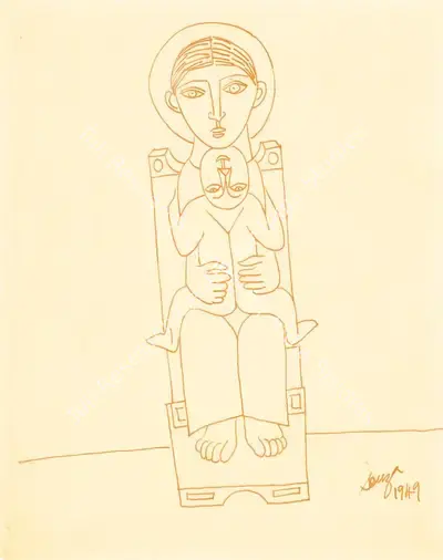 F.N. Souza (Artist), Untitled (Mother and Child), 1949, Drawing