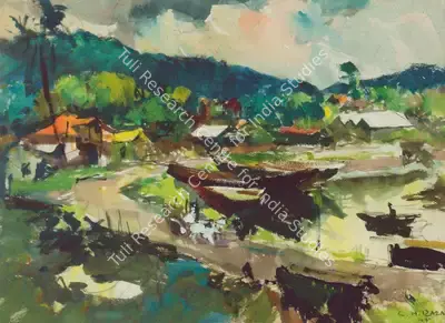 S.H. Raza (Artist), Boats at the Shore, 1945, Painting