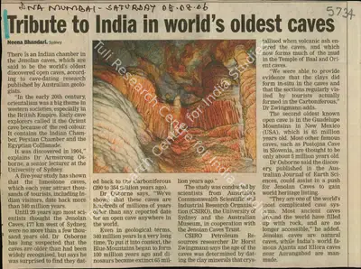 Neena Bhandari (Reporter), Tribute to India in World's Oldest Caves, 2006, Newspaper Clipping