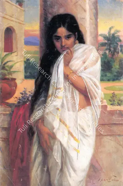 Varma, Raja Ravi (Artist). Woman Wearing a White Sari on a Veranda, n.d. | Painting, So.Lon/08.10.96