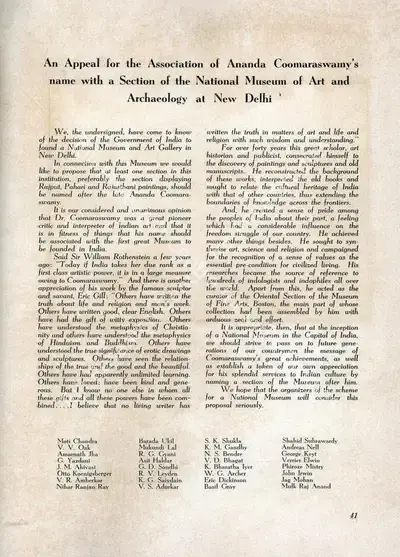 An Appeal for the Association of Ananda Coomaraswamy's name with a Sectionof the National Museum of Art and Archaeology at New Delhi, 1950, Essay