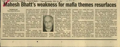 Meena Iyer (Reporter), Mahesh Bhatt's Weakness For Mafia Themes Resurfaces, 2005, Newspaper Clipping