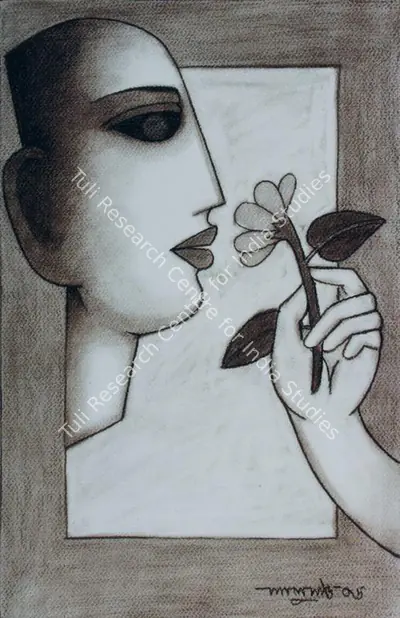 Lalu Prasad Shaw (Artist), Woman with Flower, Painting