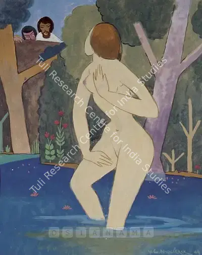 Nageshkar, Vishwanath (Artist). Bathing Beauty, 1949 | Painting, Os.Mum/09.02.05, 2005 · Osian's