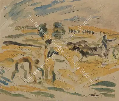Baij, Ramkinkar (Artist). Farmers Harvesting. Watercolour on paper, c.1943 | Painting | FineArts | 00373295