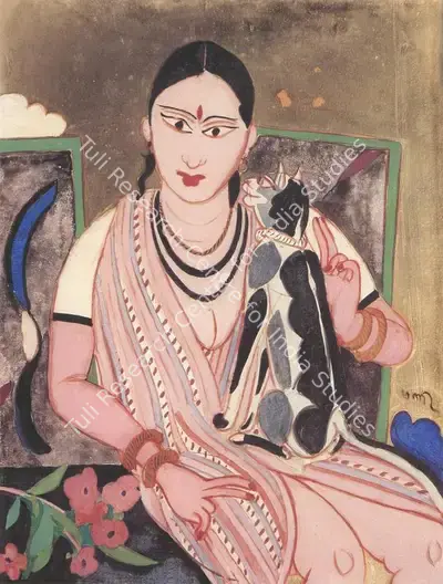 Subramanyan, K.G. (Artist). Girl with Cat . Watercolour and Oil on Glass, 1980 | K.G. Subramanyan, 2003 | Painting | FineArts | 00566159