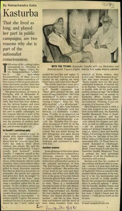 Ramachandra Guha (Reporter), Kasturba, 2005, Newspaper Clipping