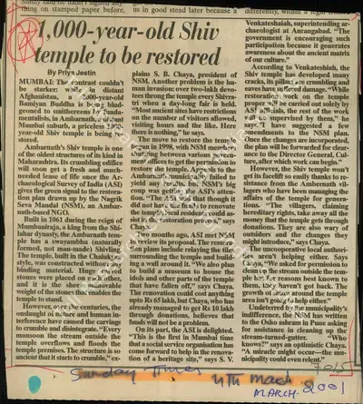 Priya Jestin (Reporter), 1,000-year-old Shiv Temple to be Restored, 2001, Newspaper Clipping