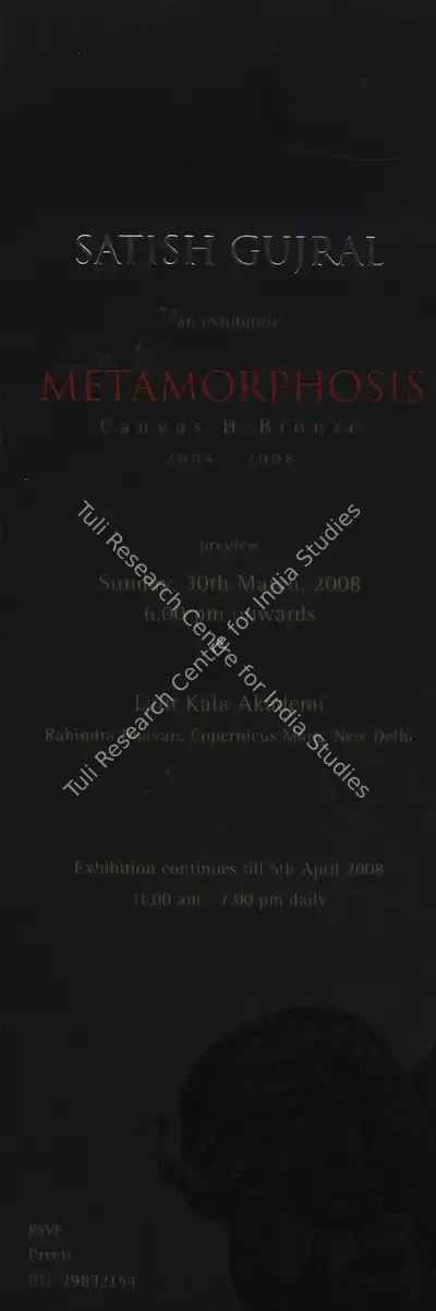 Satish Gujral (Artist), Metamorphosis: Canvas and Bronze 2004 - 2008, 2008, Solo Exhibition Invitation