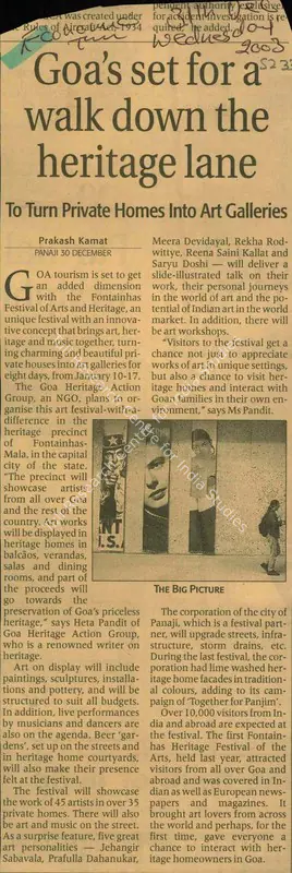 Prakash Kamat (Reporter), Goa's set for a walk Down the Heritage lane, 2003, Newspaper Clipping
