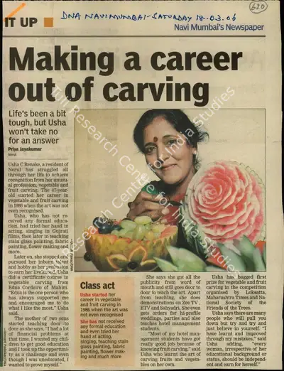 Priya Jayakumar (Reporter), Making a Career out of Carving, 2006, Newspaper Clipping