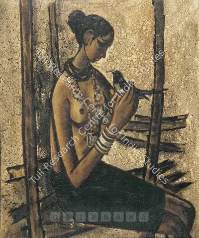 B. Prabha (Artist), Woman With Bird, 1966, Painting
