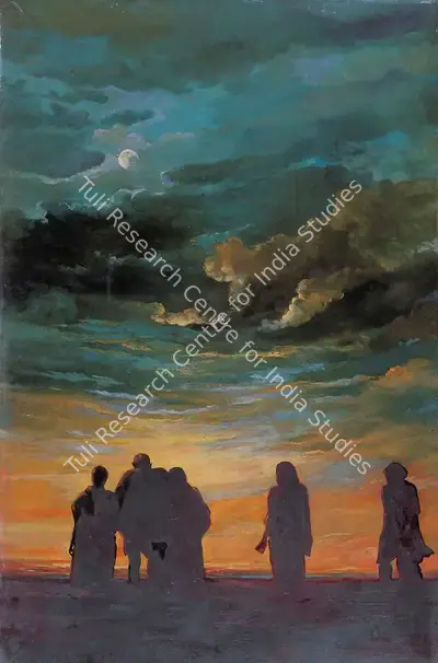 Somnath Khosa (Artist), Gandhiji Walking with Companions on Juhu Beach, 1959, Painting