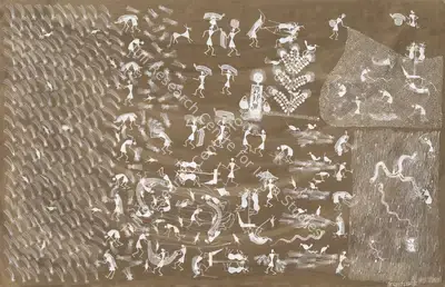 Jivya Soma Mashe (Artist), Untitled (Planting and Harvesting) (Warli), Painting