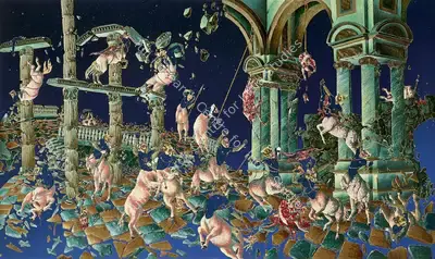 Shaw, Raqib (Artist). Fall of the Jade Kingdom II - Paradise Lost II. Oil, acrylic , glitter, enamel & rhinestones on birchwood, 2014 | Painting | FineArts | 00352358