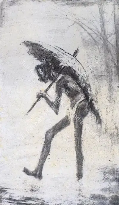 D.P. Roy Chowdhury (Artist), Man With Umbrella, Drawing