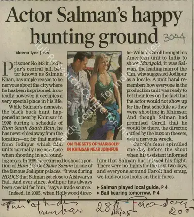 Meena Iyer (Reporter), Actor Salman's Happy Hunting Ground, 2007, Newspaper Clipping