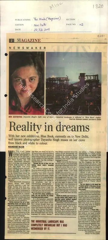 Nandini Nair (Reporter), Reality in Dreams, 2009, Newspaper Clipping