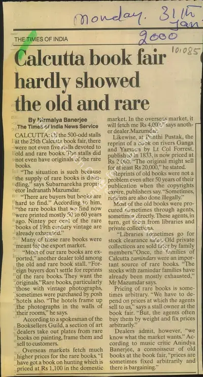 Nirmalya Banerjee (Reporter), Calcutta Book fair Hardly Showed the old and rare, 2000, Newspaper Clipping