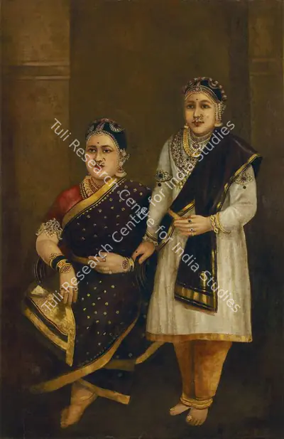 Raja Ravi Varma (Artist), H.H. Janaki Subbamma Bai Sahib Rani of Pudukkottai & her daughter, 1886, Painting