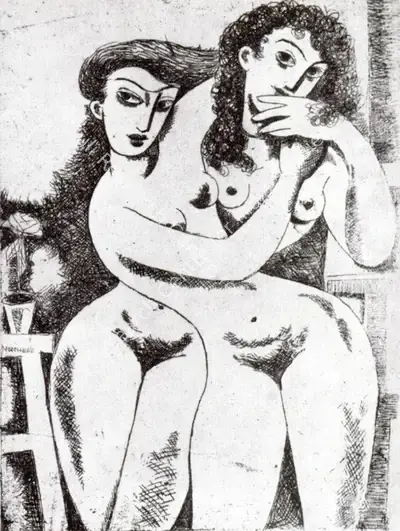 Nirode C. Mazumdar (Artist), Two Women, Graphic Art