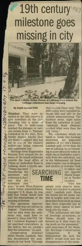 Anjali Joseph (Reporter), 19th Century Milestone Goes Missing in City, 2004, Newspaper Clipping