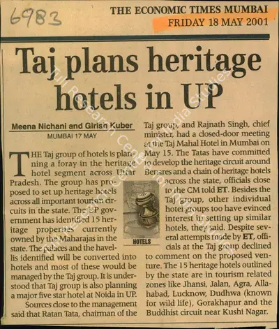 Meena Nichani (Reporter), Taj Plans Heritage Hotels in UP, 2001, Newspaper Clipping