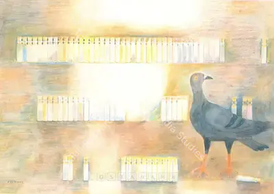 Prabhakar Barwe (Artist), Pigeons And Bottles, 1989, Painting