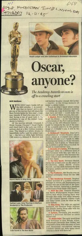 Jack Mathews (Reporter), Oscar, Anyone, 2005, Newspaper Clipping