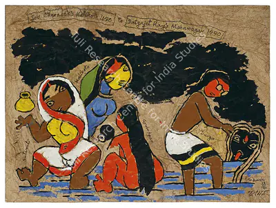 Husain, M.F. (Artist). Job Charnock's Kalikota 1690 To Satyajit Ray's Mahanagar 1990. Acrylic on paper, 1989 | Painting | FineArts | 00417003