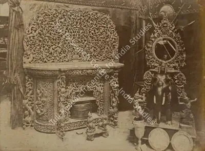 Shew Shankar Narayan (Photographer), Carved Wood Sideboard and Stand for a Gong - Burmese Court, 1883, Antiquarian Photograph