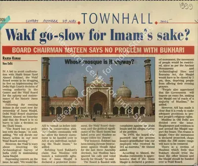 Rajesh Kumar (Reporter), Wakf go-slow for Imam's sake, 2005, Newspaper Clipping