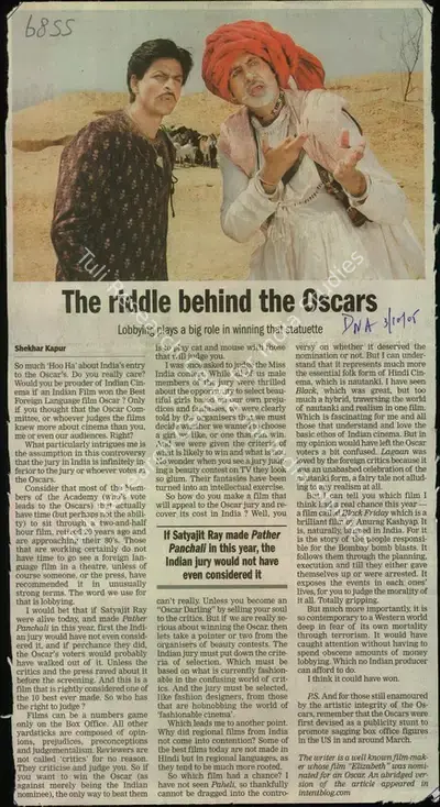 Shekhar Kapur (Reporter), The Riddle Behind the Oscars, 2005, Newspaper Clipping